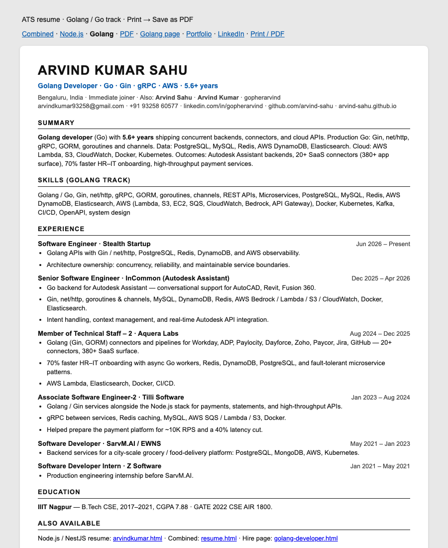 Golang resume preview