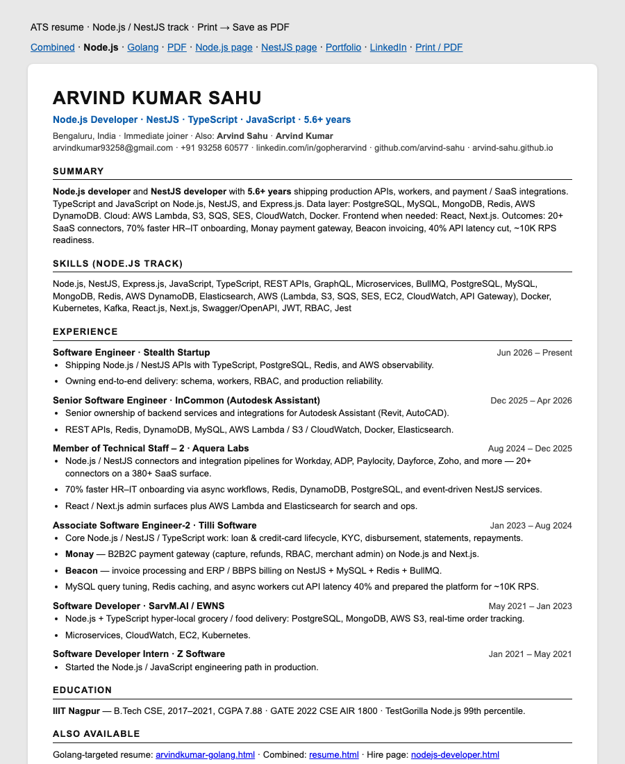 Node.js / NestJS resume preview