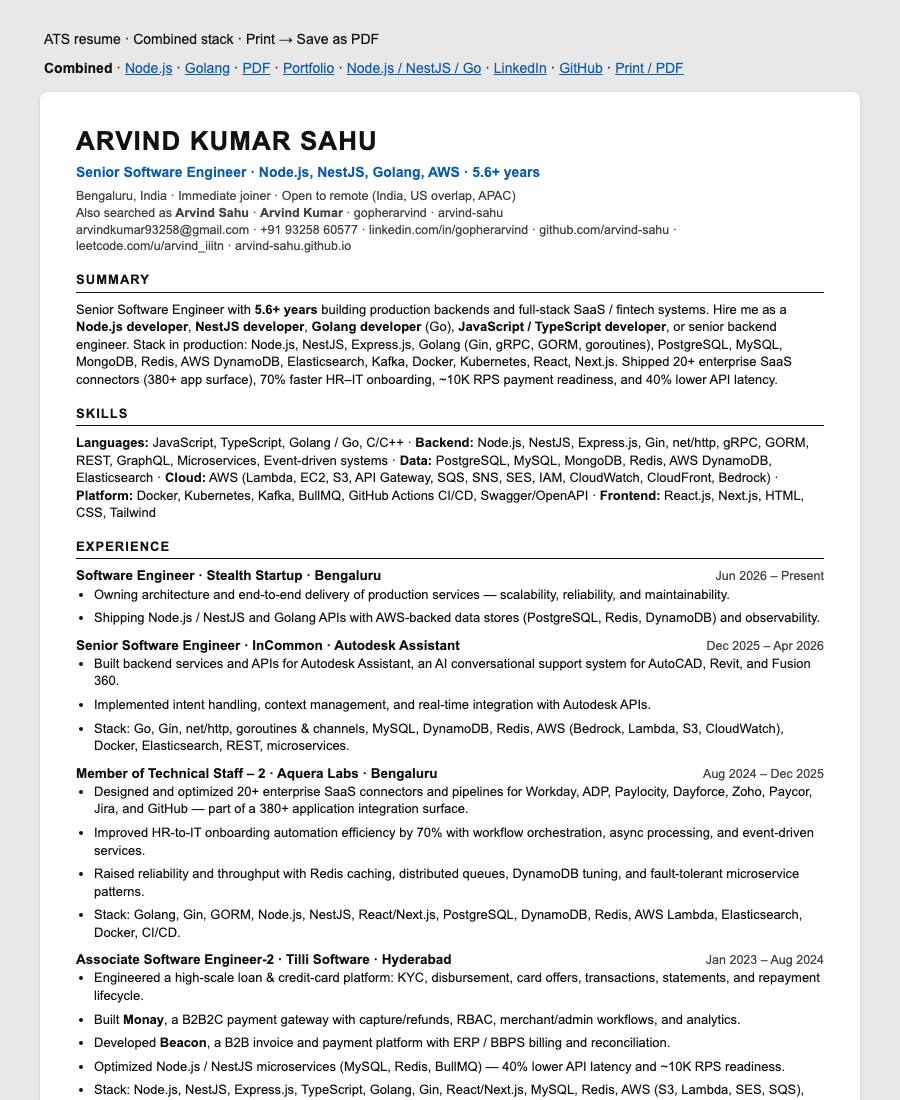 Combined resume preview — Arvind Kumar Sahu ATS resume