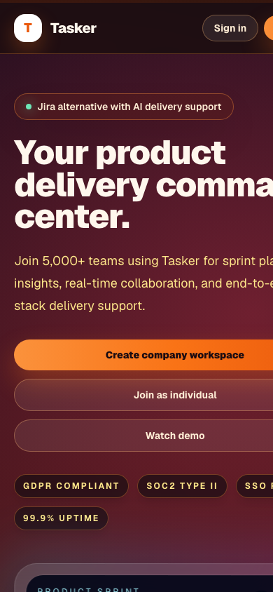 Tasker homepage on a phone — stacked CTAs and mobile nav