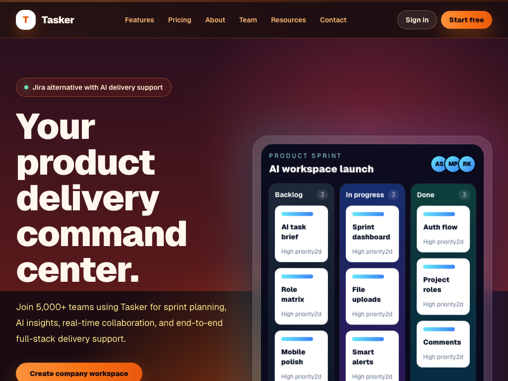 Tasker homepage on a tablet — sprint board beside the hero